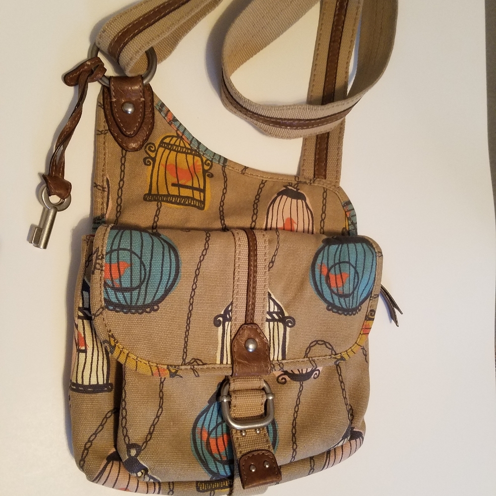 Fossil birdcage tan purse handbag shoulder bag key